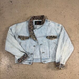 Vintage Steel Jeans Leopard Print Trim Denim Jacket Light Wash Cropped Womens M